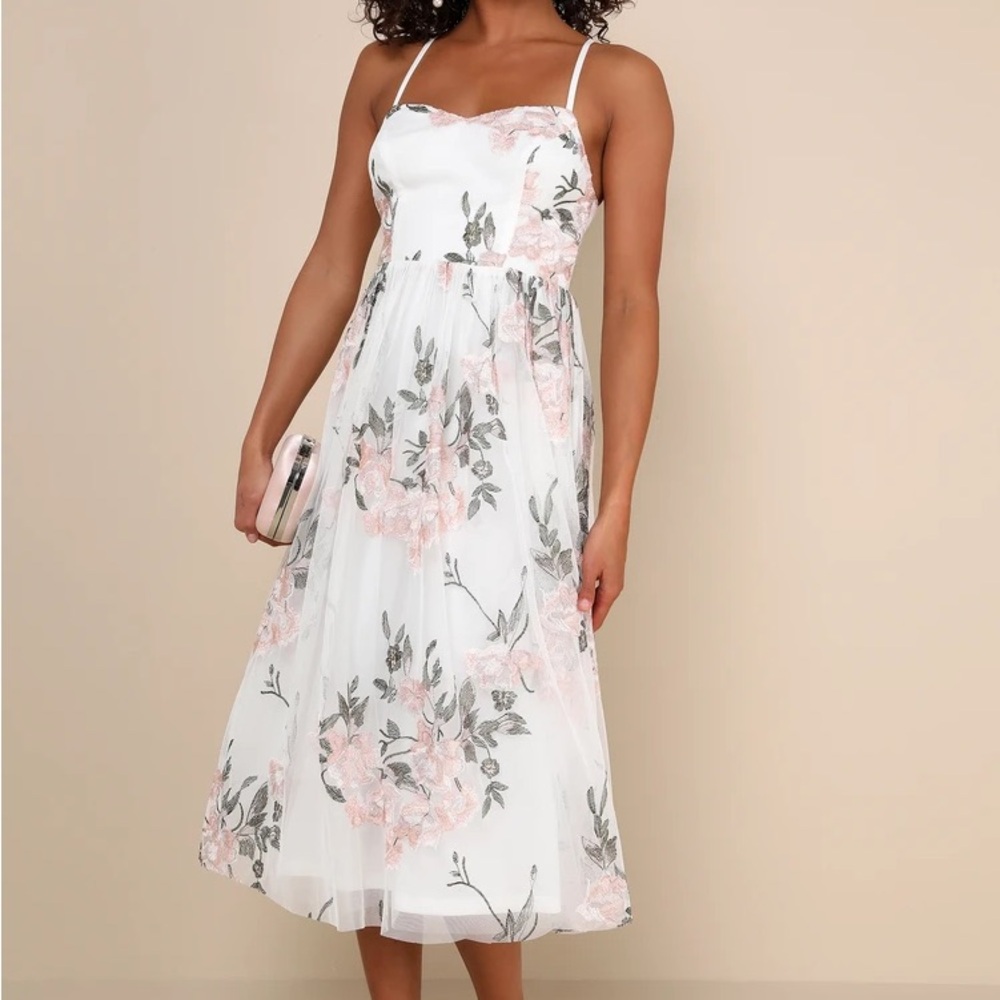 Lulus Natural Whimsy White Tulle Embroidered Lace-Up Midi Dress